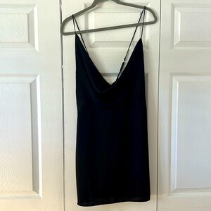 Black Mini Dress size M. Satin Material, draped neckline, thin spaghetti straps